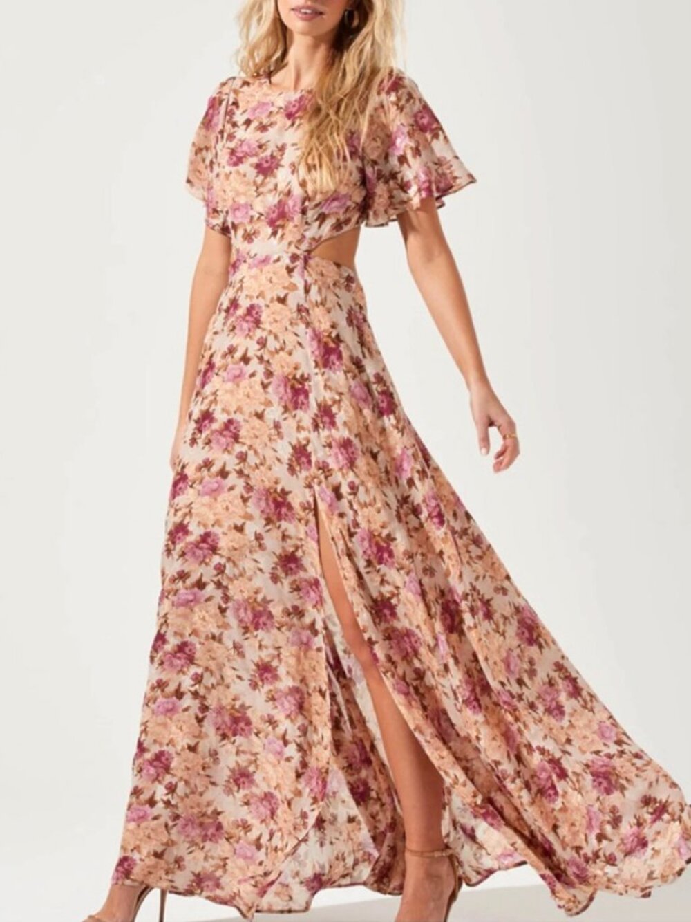 ASTR The Label Floral Beige Pink Cut Out Maxi Dress NWT Size M